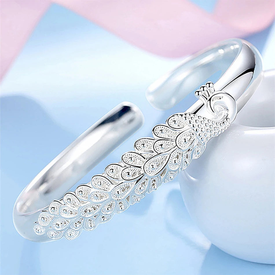 New 925 sterling silver elegant Peacock opening screen bracelet Bangles for women fashion party wedding Accessories jewelry gift