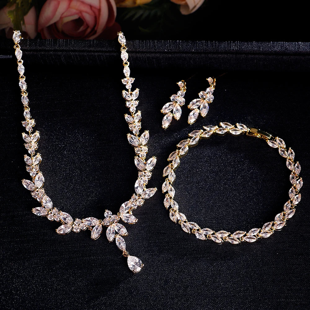 Luxury Brilliant Zirconia Leaf Necklace Earrings Rings Bracelets Set for Women CZ Drop Bridal Wedding Jewelry Sets New