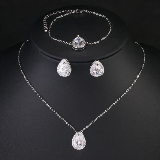 Shinny White Water Drop Cubic Zirconia Jewelry Sets for Women Bridal Wedding Teardrop Earrings Necklace Bracelet Set