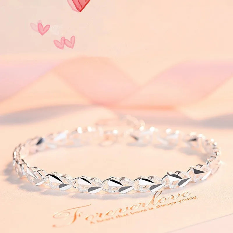 925 Sterling Silver Heart Charm Bracelet &Bangle Handmade Party Wedding Jewelry For Women Girls sl175